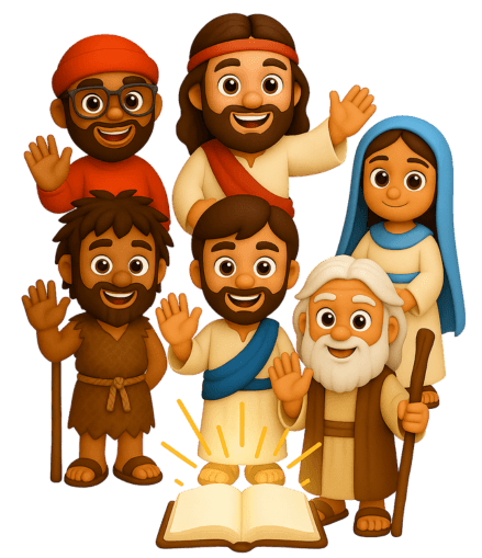 Cartoon Bible characters gathered around an open Bible