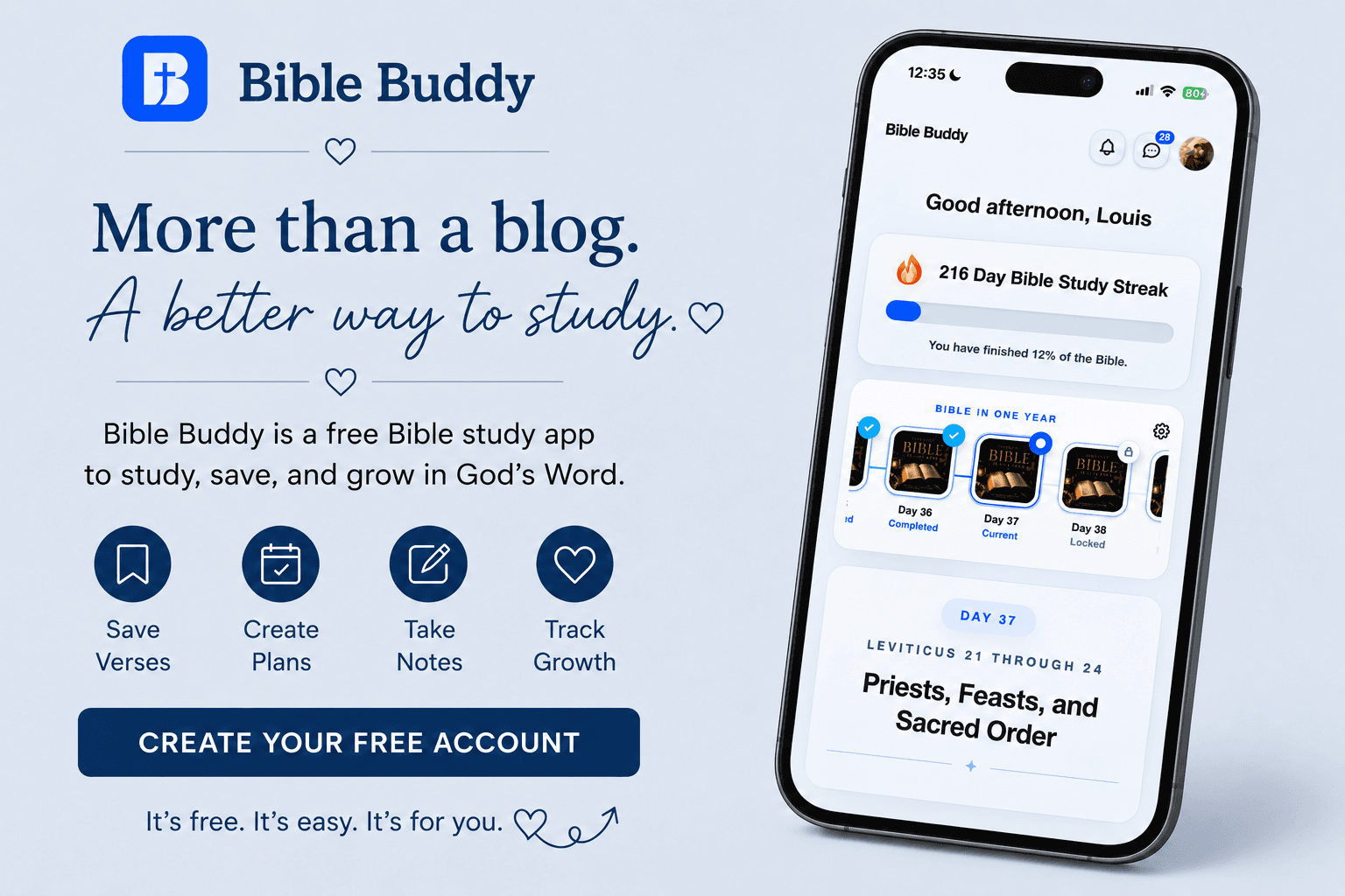 Bible Buddy — a free Bible study app to study, save, and grow in God's Word. Create your free account.